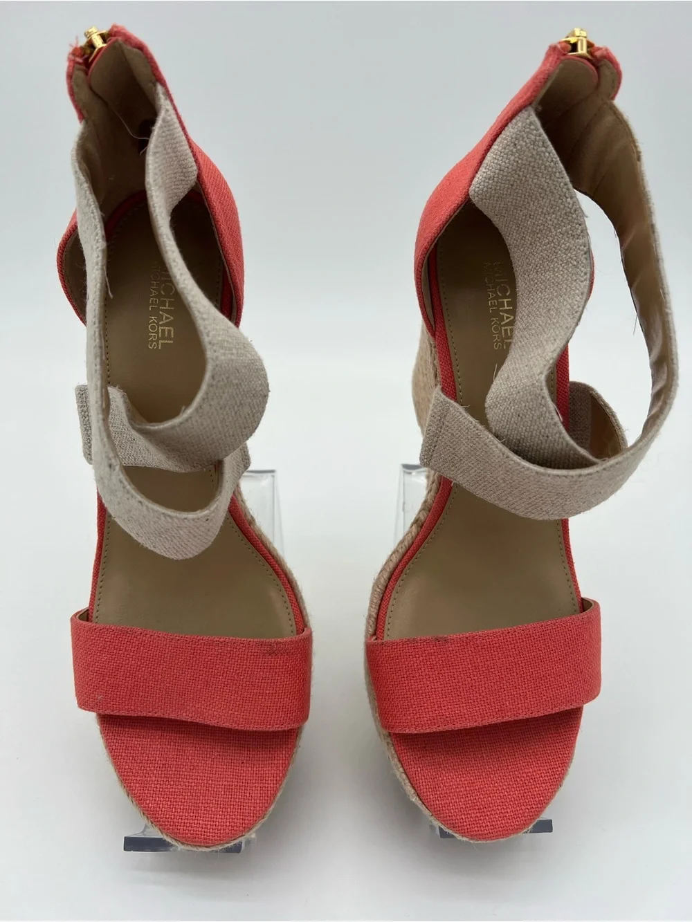 Michael Kors Coral and Natural Canvas Espadrille Wedge Sandals size 7.5